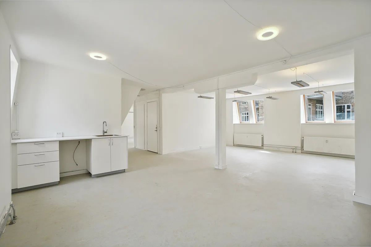 Lyst og moderne lejlighed med højloft og køkken med vask, radiatorer og vinduer i bagvæggen