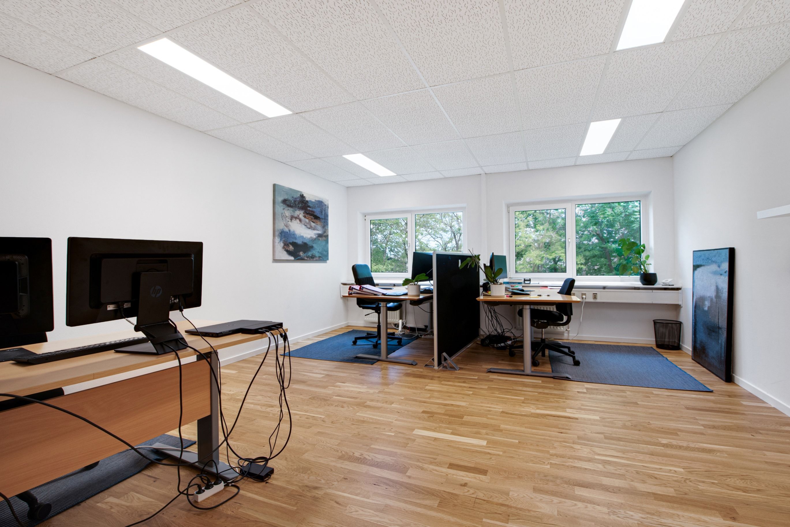 Kontor med trægulve, høje hvide vægge og lyse blygede lofter samt tre skriveborde med computere, lyse og moderne møbler