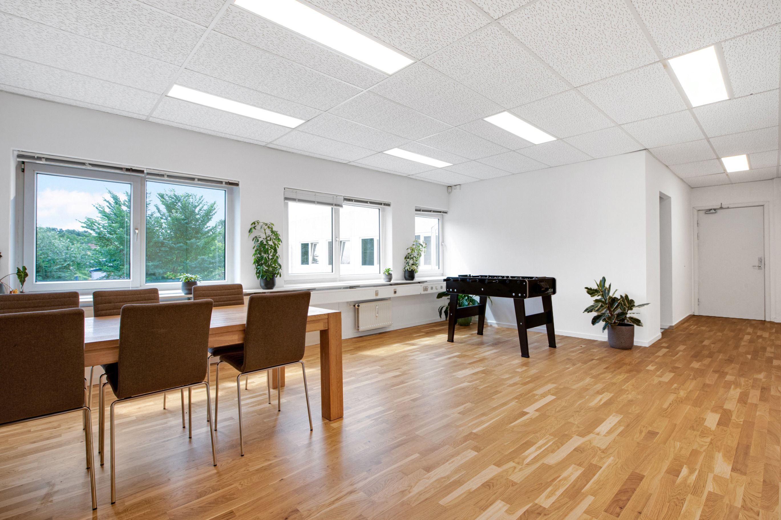 Lyst og rummeligt kontor med hårdt trægulv, store vinduer, bord, stole, fodboldbord og plantepoter i hjørnet og en hvid dør