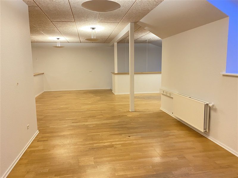 Kortere væg med hvid maler og gulv i træ og to hængende lysekroner samt tørretumbler på væggen