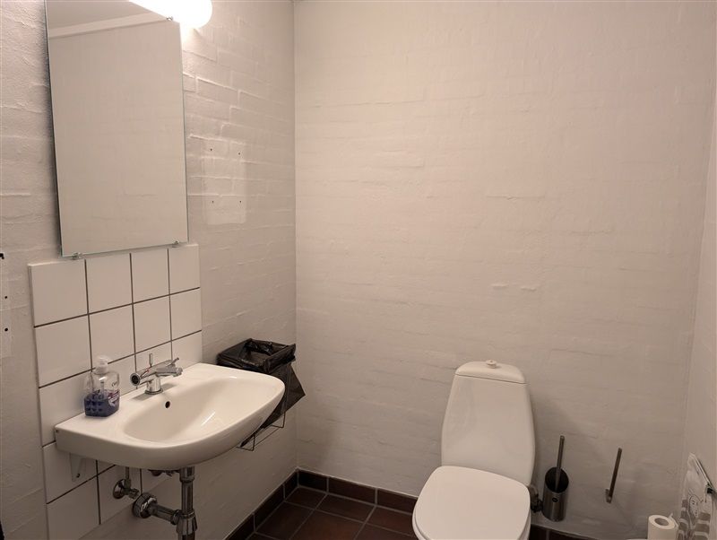 En lille hvid toilet med en toiletbørste og en høj kærre placeret på siden af toilettet i et lille badeværelse med hvide