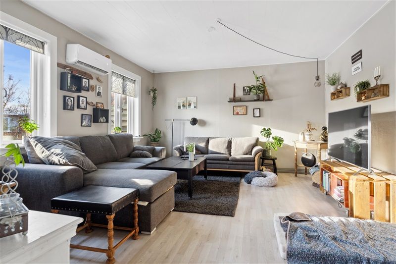 Lejlighed med moderne interiør, lyse gulve og komfortable møbler. Værelse med sofa, stol, tv, hylder med planter og tavler.