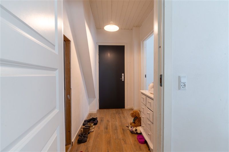 Korridor med lyse vægge og trægulv, sko og legetøj på gulvet, lyspærle i loftet og skab med udtræk og stikkontakt