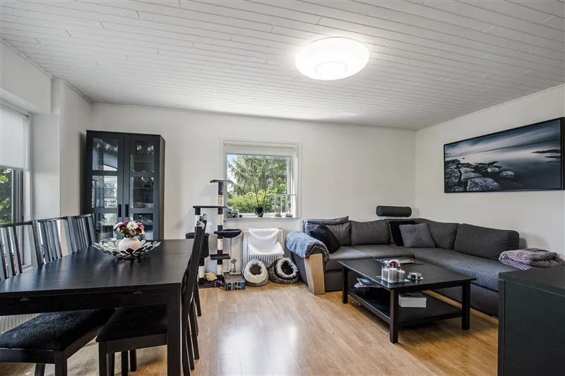 En stor stue med lyse hvide vægge, en grøn sofa, et brun bord med blomster og en stor sort skuffe