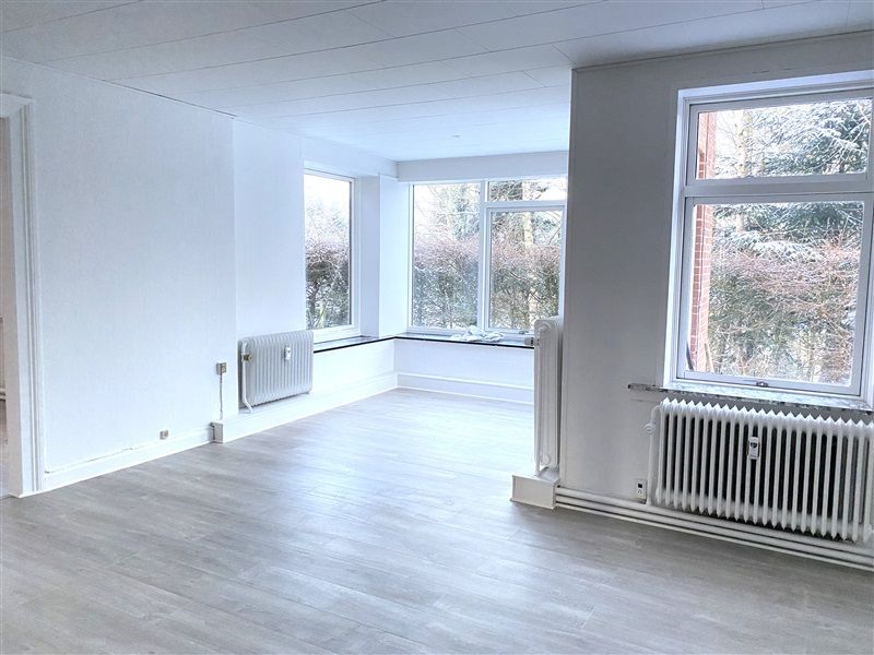 Et tomt værelse med hvide vægge, højt loft, højt vindue og trægulv. Et hvidt radiator står ved højre væg.