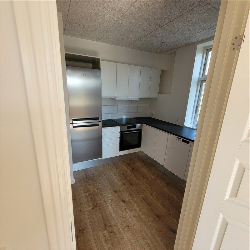 Moderne køkken med hvide vægge og loft, trægulv, hvide køkkenskabe og en bærbar ovn