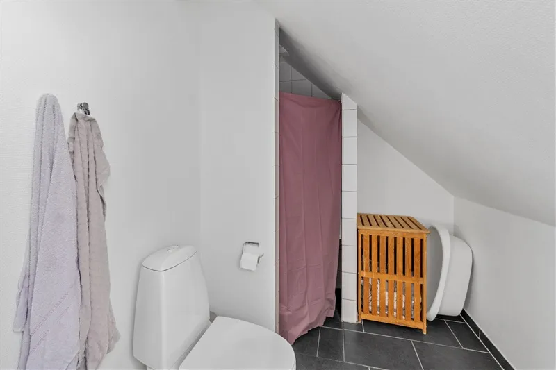 Et lille badeværelse med hvide vægge og sort gulv med en toilet, en vask og en hængende garderobe med to håndklæder