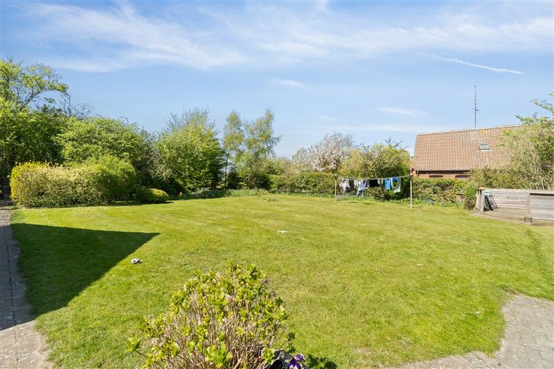 En stor grøn græsplæne med buske og træer spredt omkring. En række klæder er ophængt på en tøjstang. Et hus med tag med røde