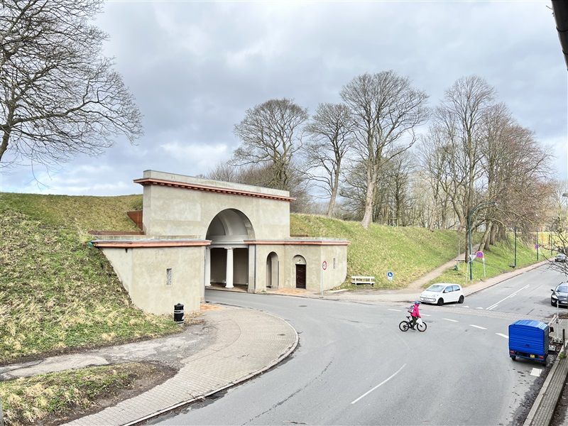 En person kører på cykel over en vej med biler og gamle, tykke træer og vejsiderne er skrånende.