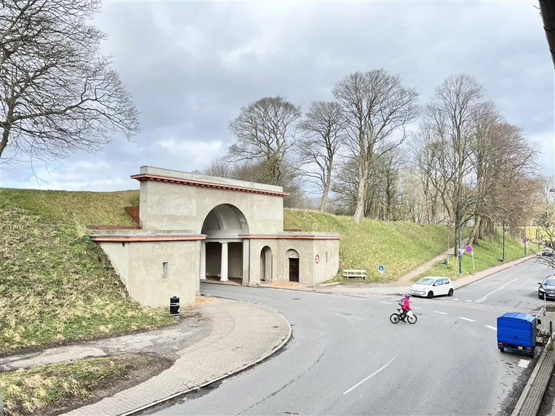 En person kører på cykel over en vej med biler og gamle, tykke træer og vejsiderne er skrånende.