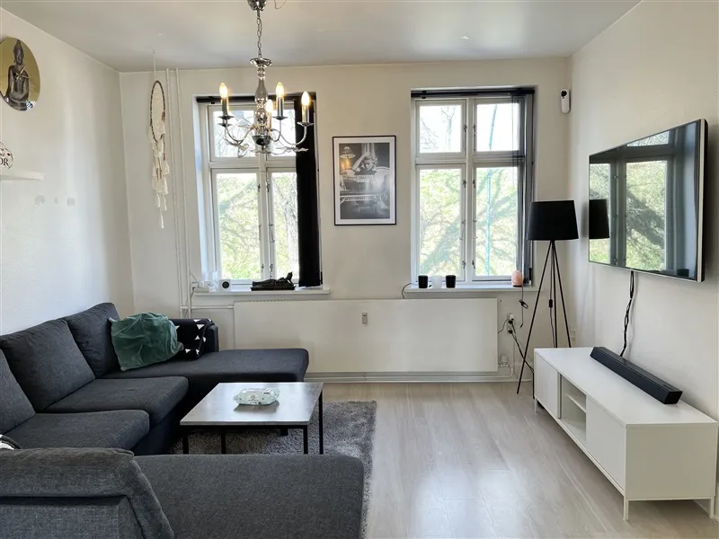 Elegant stue med tæppe, sofa, stol, tv, højtalere, lysstang, gulvtæppe og udsigt til træer udenfor