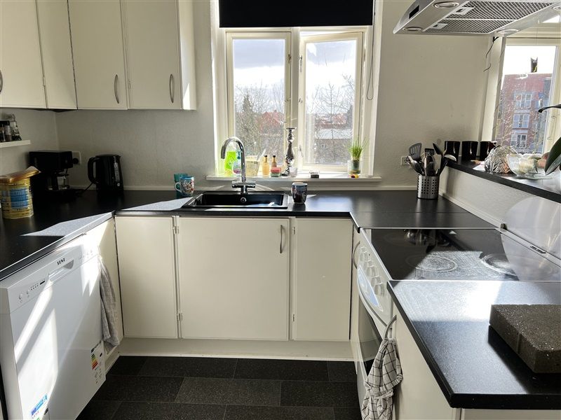 Moderne køkken med hvide skabe og diskovle, sort bordplade, kaffemaskine, plante, gryder og gryder og stålfad i sinket