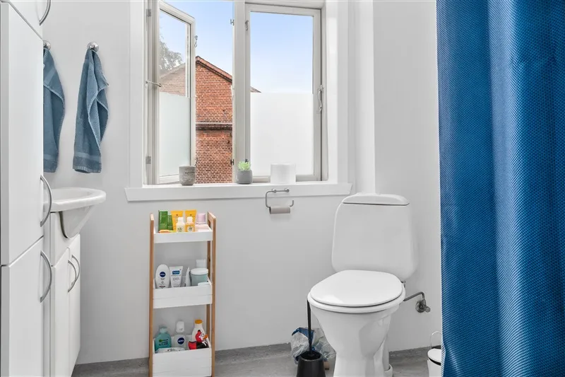 Toilet med toiletpapirholder, toiletbørste og urinal. Toilet med vinduesruder og toiletpapir. Rum med håndklæder og