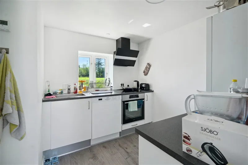 Køkken med hvidt køkkeninventar og lyse loftslampe. En søjleovn og et køleskab er placeret mod væggen. Der er et vindue med