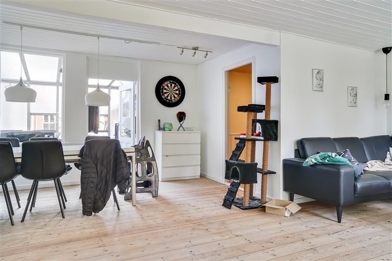 Elegant stue med lyse lofter, sort sofa, høj kattetreppe og lyse trægulv