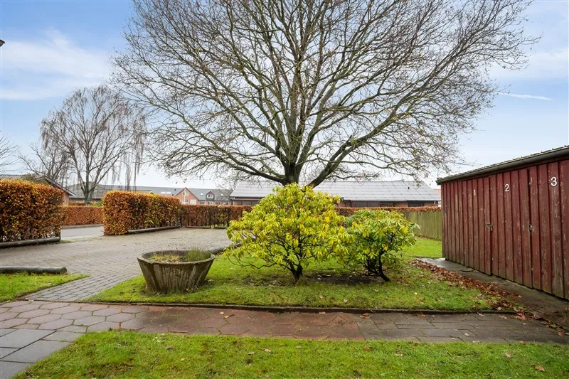 Smukt anlagt have med træer og buske, der udgør en indgangszone med træbrolægning til et rødt stald og et hus med solfanger