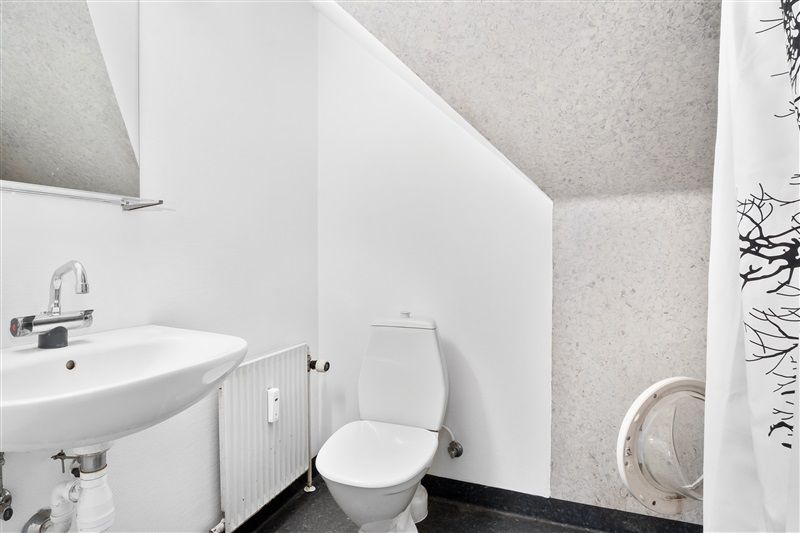 Toilettet med en hvid strygejernshåndled, en hvid børsteholder og en hvid radiator samt et badeværelse med et hvidt badekar,