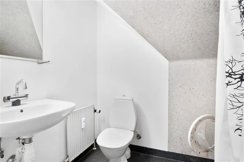 Toilettet med en hvid strygejernshåndled, en hvid børsteholder og en hvid radiator samt et badeværelse med et hvidt badekar,