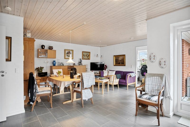 Rækkehus med lyse vægge og træloft, gulvtæppe, spisestue med bord, stole, sofa og TV