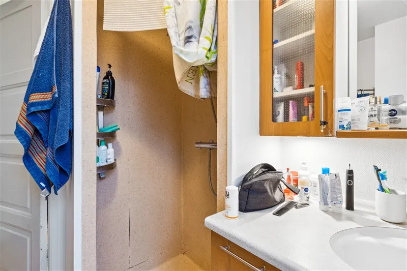 Bad med brusebad og en håndvask med flere kosmetiske produkter og en opbevaringsskab med indhold