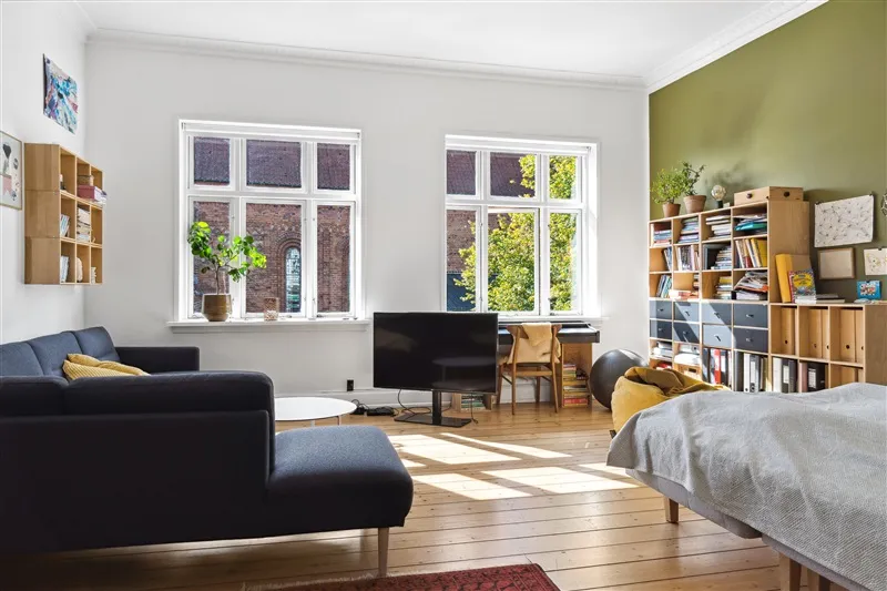 Billede af en lille stue med sofa, tv og plante, trægulv og væg i grøn og hvid.