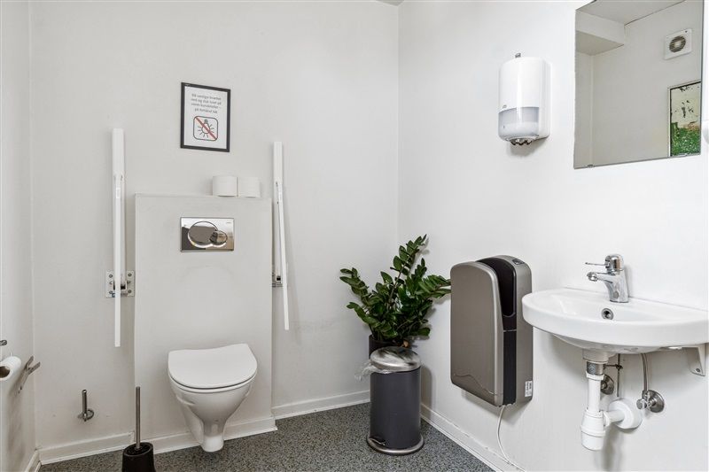 Rent handicapvenligt toilet med høj toiletbrille og håndvask og en høj skraldspand med papirhylde