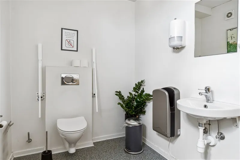 Rent handicapvenligt toilet med høj toiletbrille og håndvask og en høj skraldspand med papirhylde