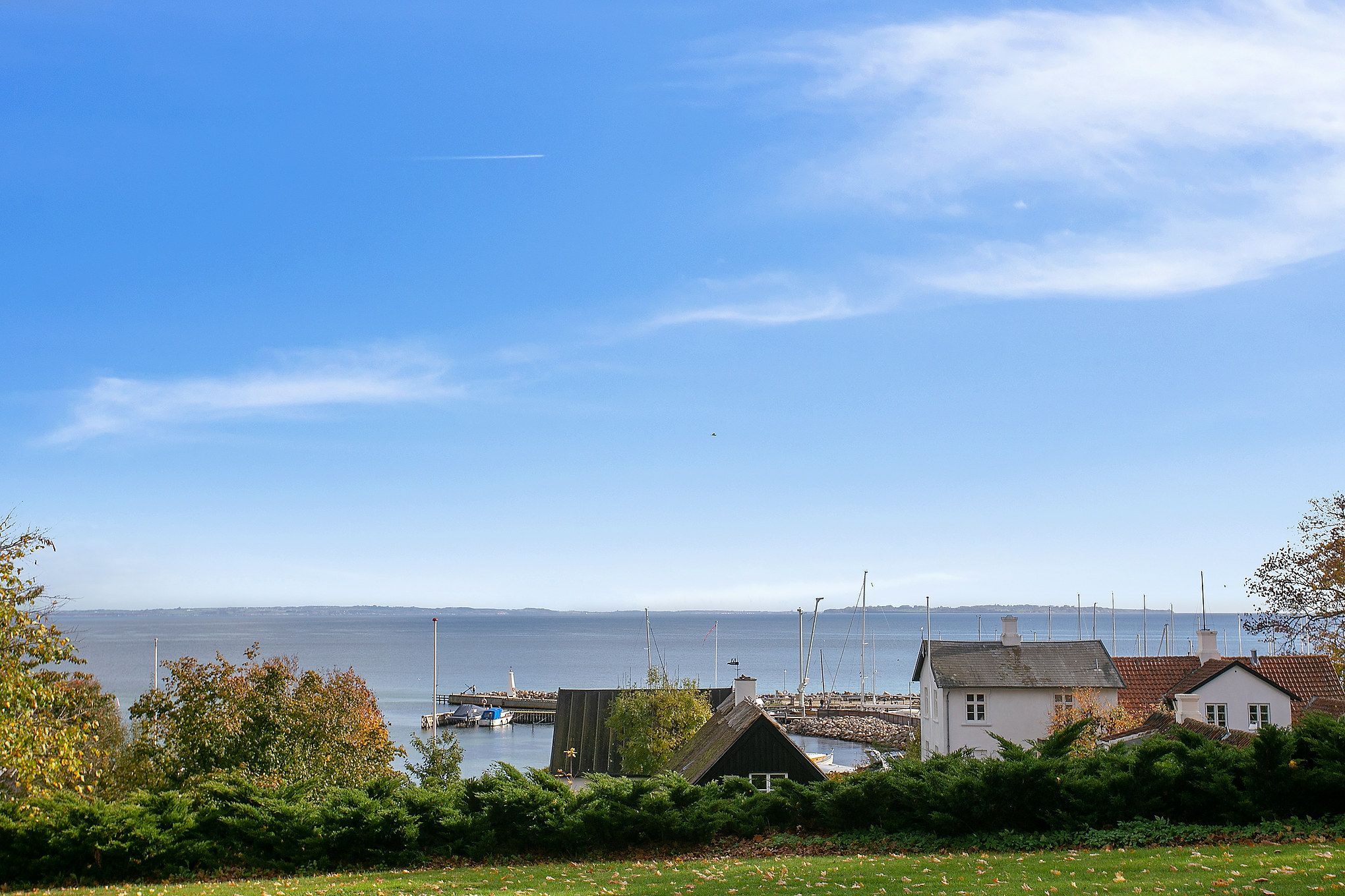 Panoramaudsigt over byen Helsingør med husene, grønne træer, buske og havnen med både