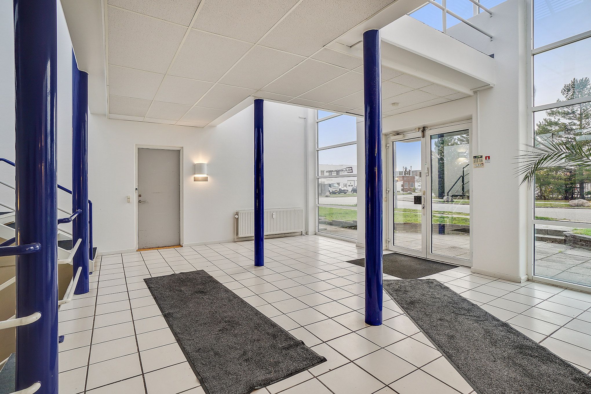 Indgangsparti med høje søjler og dobbeltdøre, gulvtæppe og lys på væggen, og udsigt til parkeringsplads og grønne områder