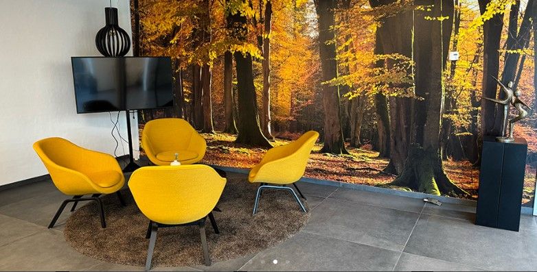 Gule stole og runde bord i kontorlokale med gult og orange vægmaleri af skov med gule og røde blade og træstammer