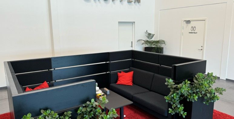 Kontorlokaler med møbler og planter, højt og lavt, med farverige puder og en sofa, der er tæt mod væggen