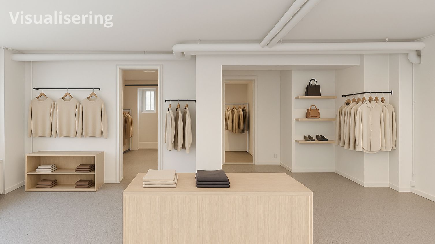 En indret butikslokale med en stor midtergang, hvor der er tøj på hænger og hylder, samt en træstol med tøj på