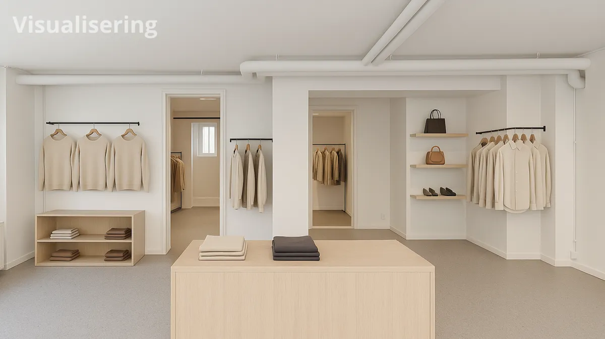 En indret butikslokale med en stor midtergang, hvor der er tøj på hænger og hylder, samt en træstol med tøj på