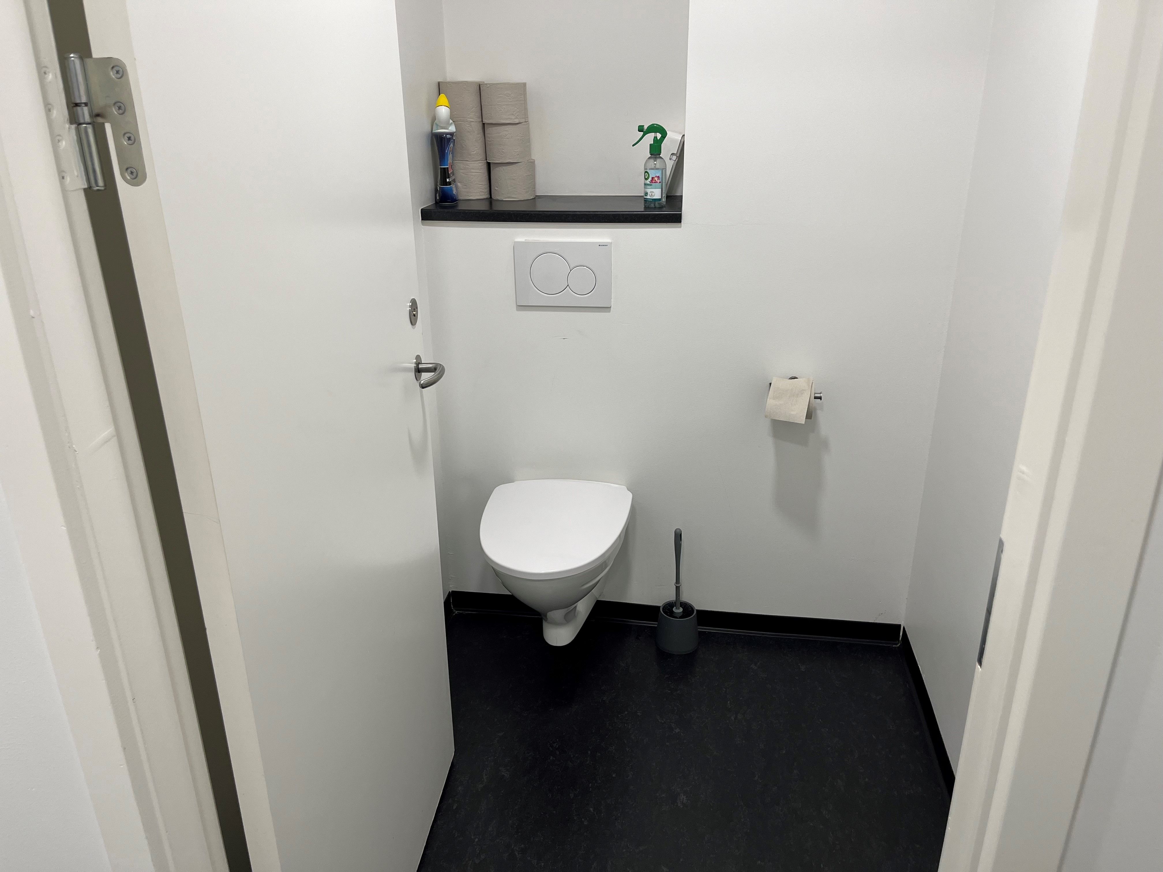 Et lille toilet med hvid toilet, toiletpapir, rengøringsmidler og en børste samt gulv og vægge