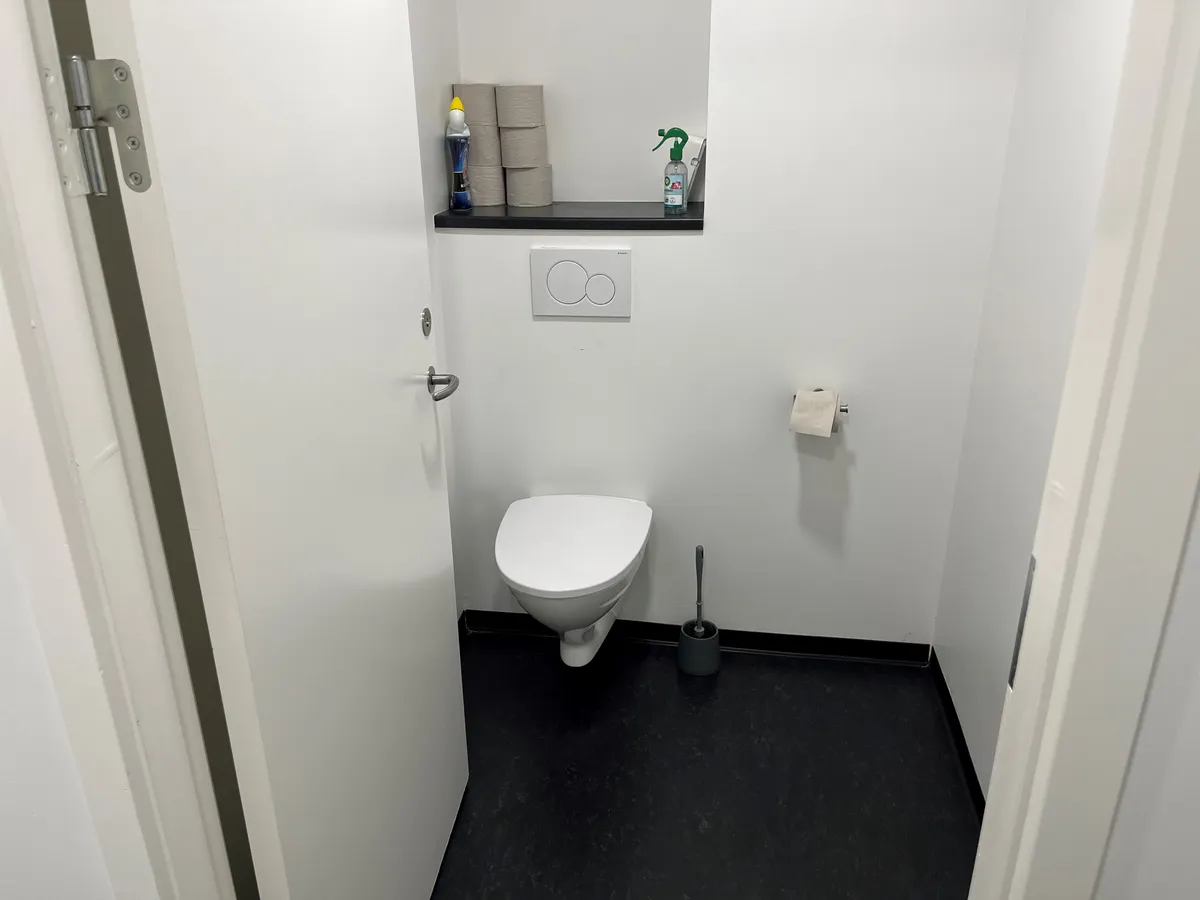 Et lille toilet med hvid toilet, toiletpapir, rengøringsmidler og en børste samt gulv og vægge