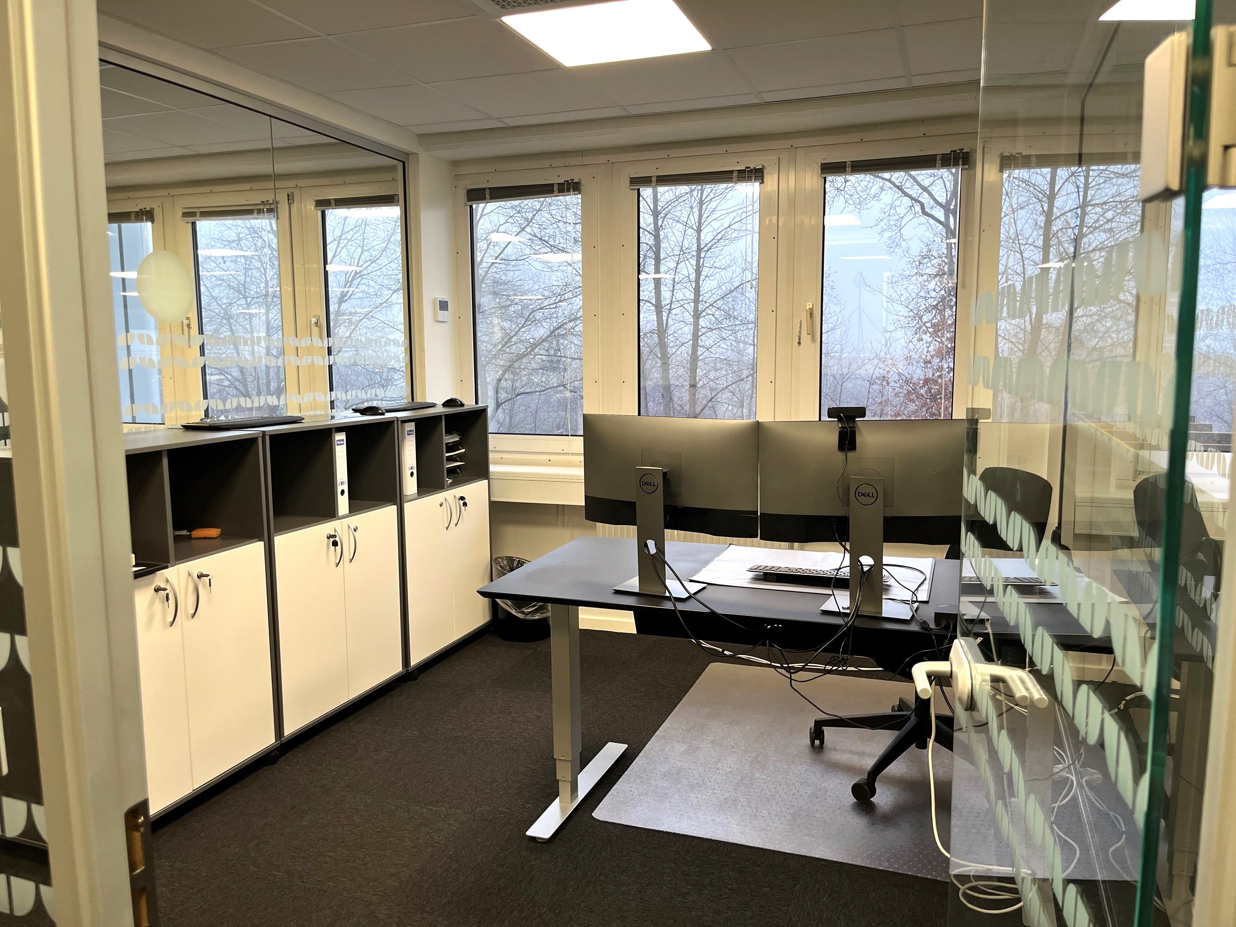 Kontorrum med skrivebord, to Dell-skærme, tastatur og mus, kabinet med flere hylder, vindue med udsigt til sne og træer,