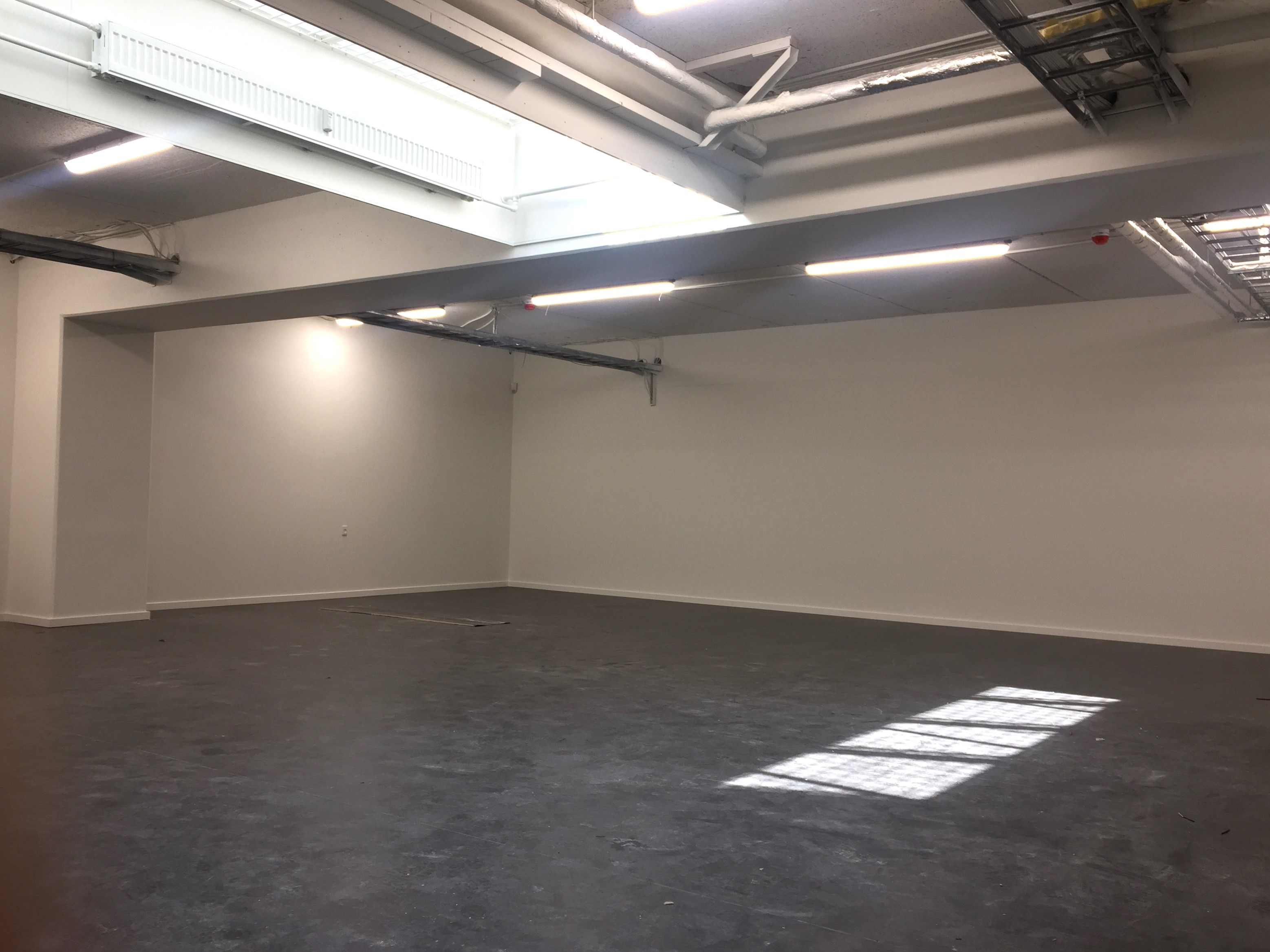 Lagerrum med højt loft og hvide vægge. På loftet er der lysrør, og der er et lyspunkt fra en sky. Gulvet er glat og gråt.