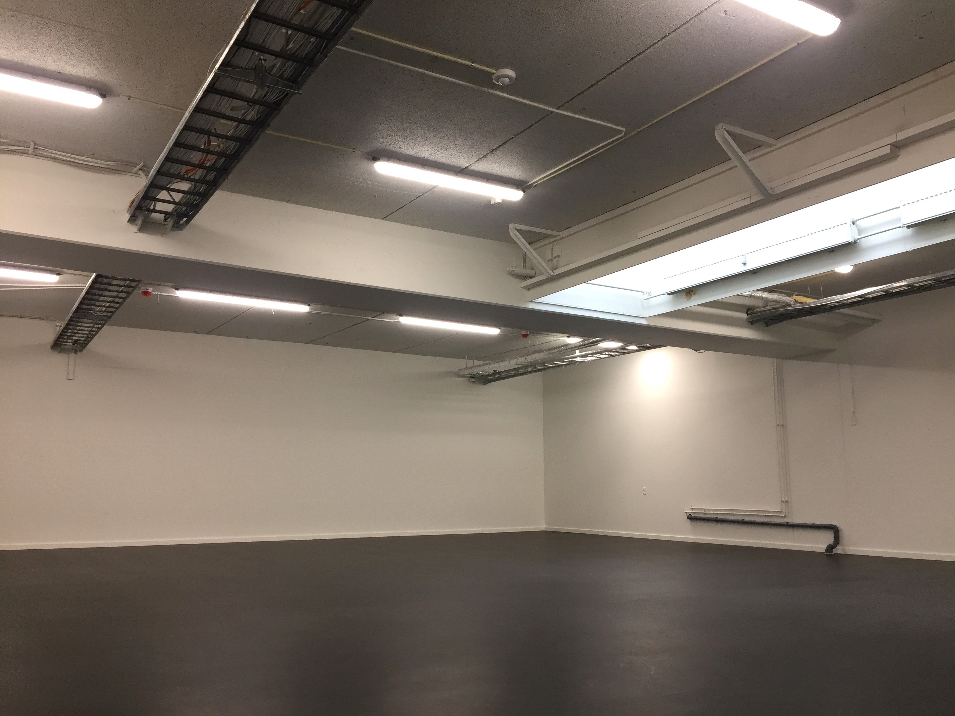Et stort, tomt lokale med hvide vægge og sort gulv samt lys, der er installeret i loftet.