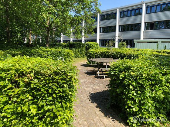 Kontorbyggeri med terrasse og spisebord i haven, omgivet af grønne buske og træer.