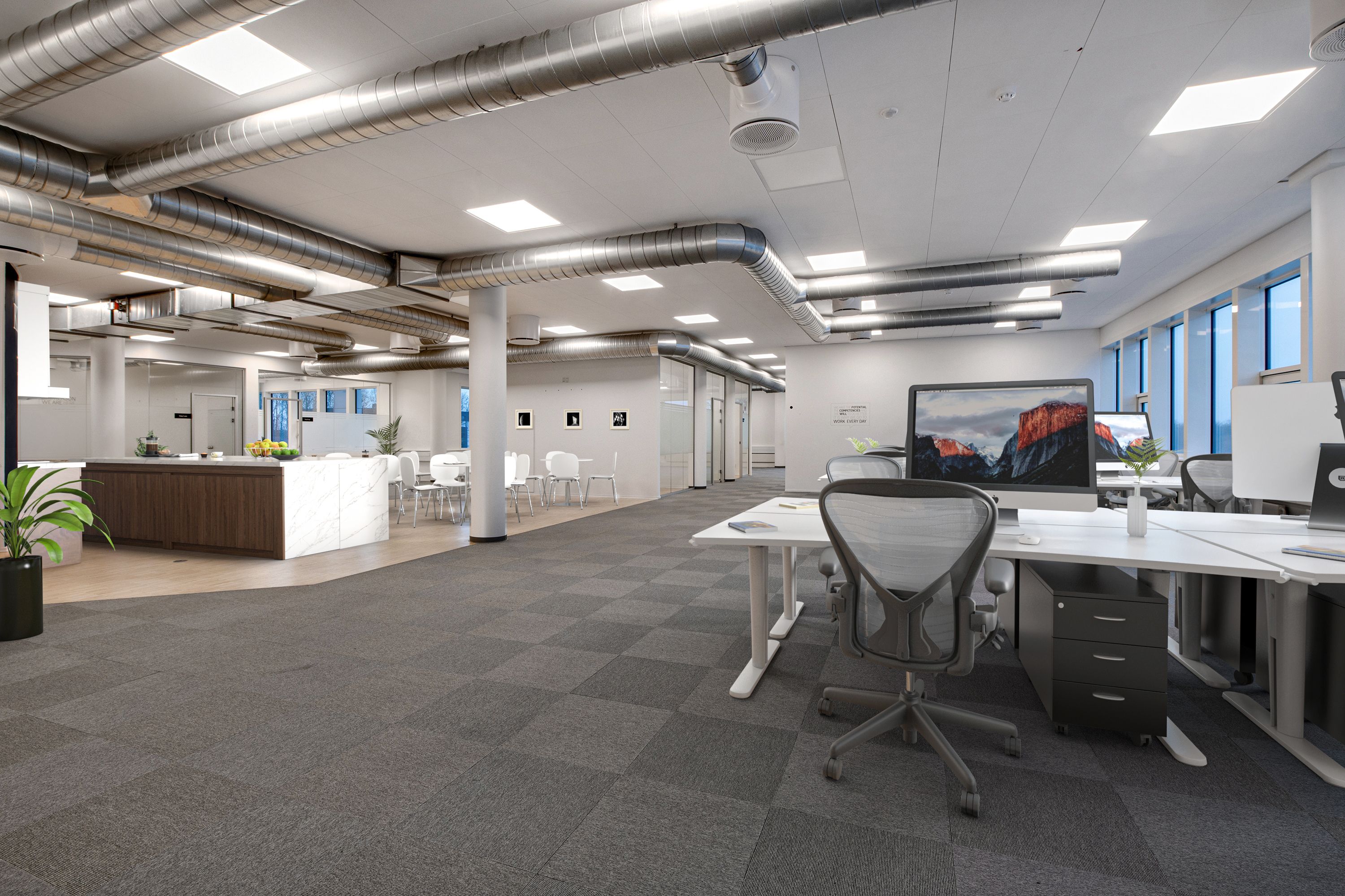 En moderne kontor med hvide vægge, glasruder og store vinduer med udsigt til byen. Kontoret er udstyret med kontormøbler og