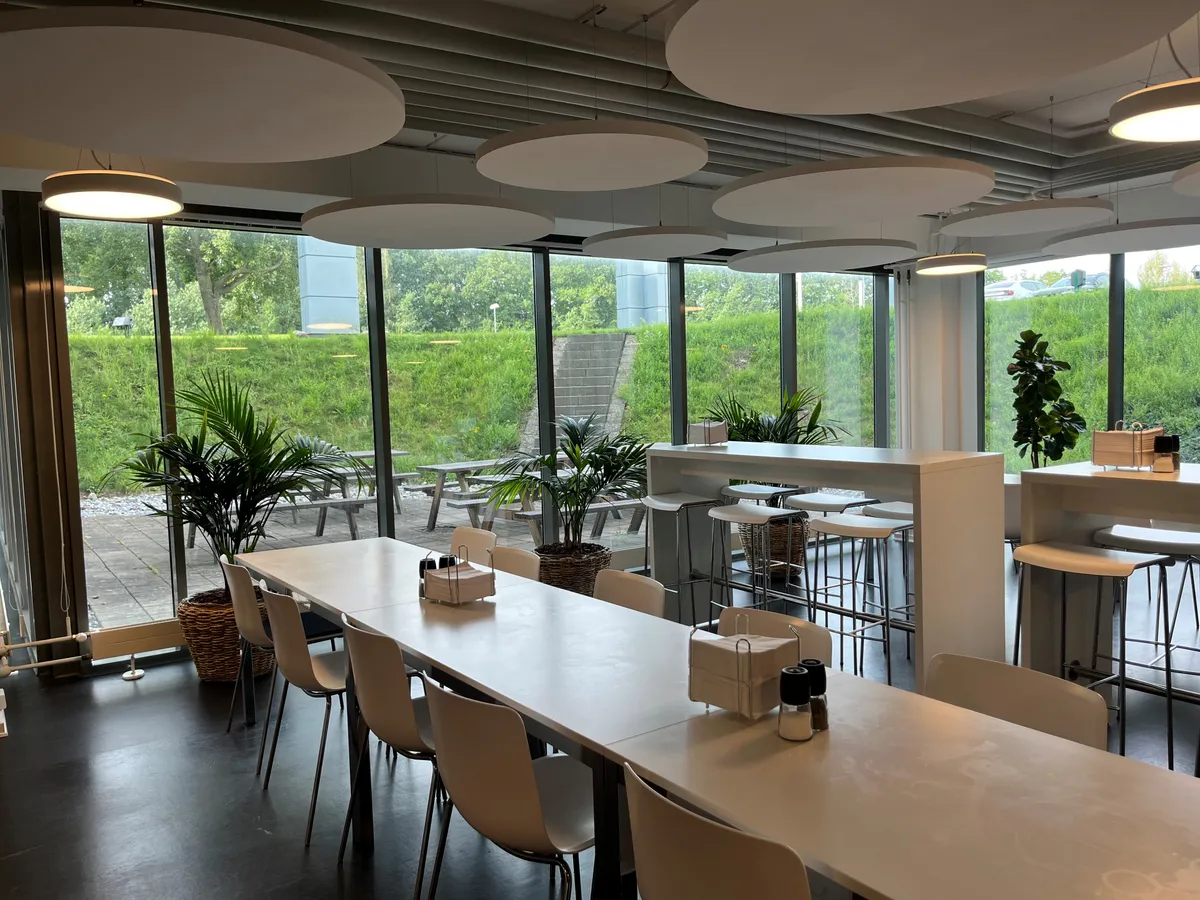 Kontorlokation med højt gulv, lyse stolpeborde, runde loftslamper og plantepotter i terrassen. Et stort vinduesfront med