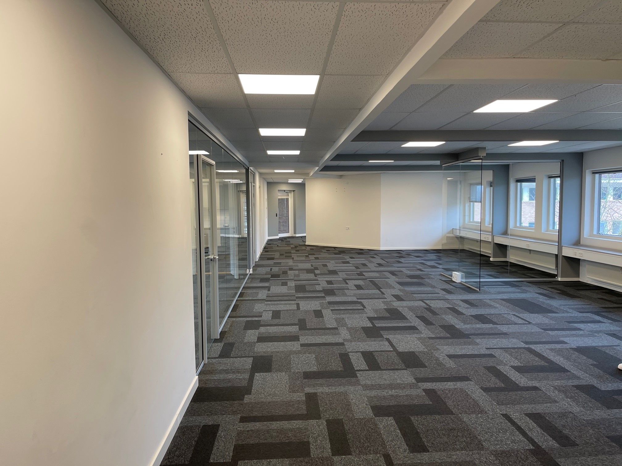 En velholdt kontor med lyse gulve og vægge samt glasdøre og -ruder, smukke loftsbelysning og højt til loftet