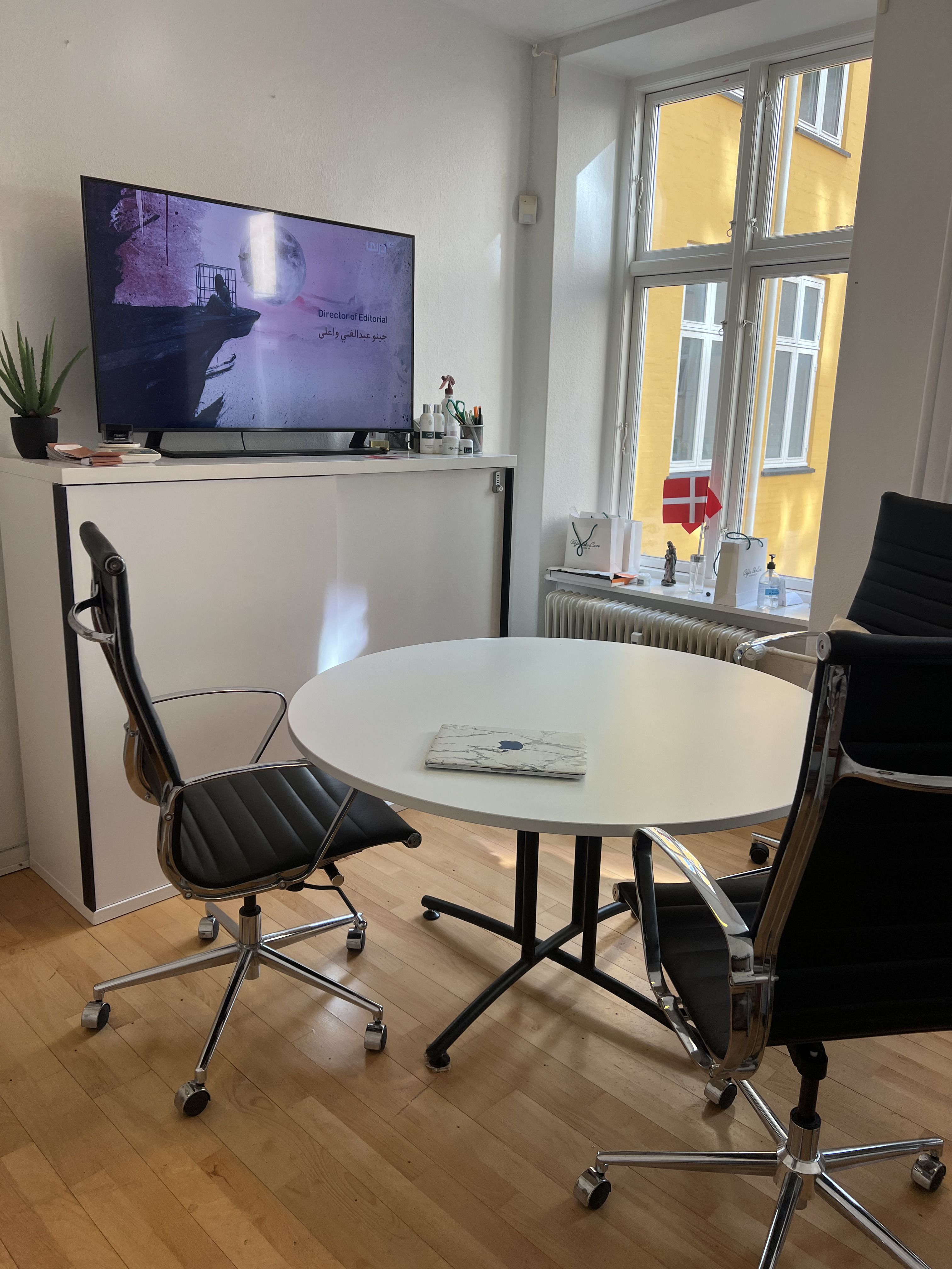 Rundt mødebord med to moderne mødestoler og en tv-skærm. En plante står på højre side af skærmen. På vindueskarmen er der en