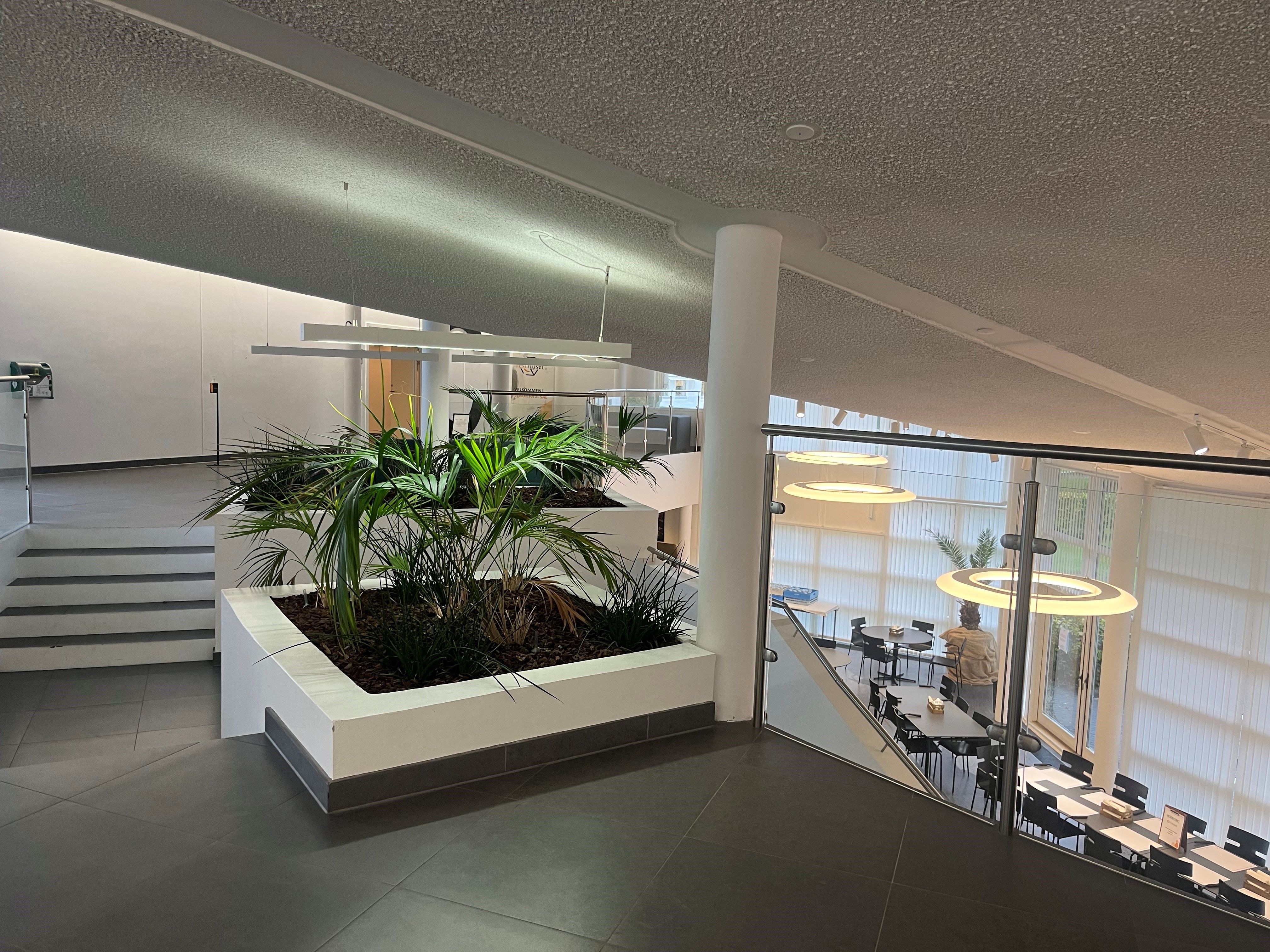 Værelse med højt loft, hvidt gulv og lysekroner, terrasse med spisestue, træplanter og træborde og stole