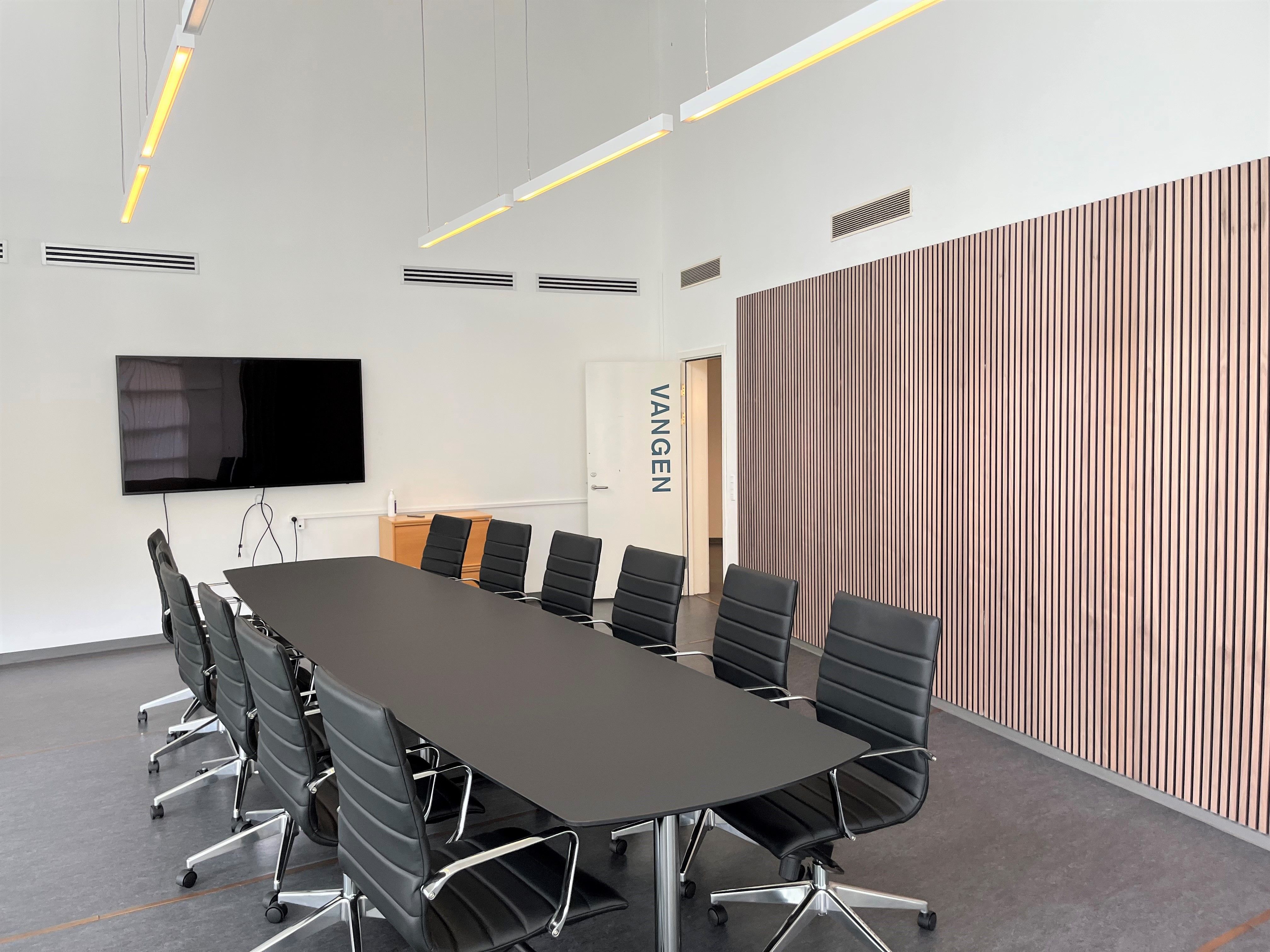 Lejlighed med møbler og tv-skærm. Væggen har et elegant mønster og en dør med navnet Vangen. Loftet er udstyret med lyse og