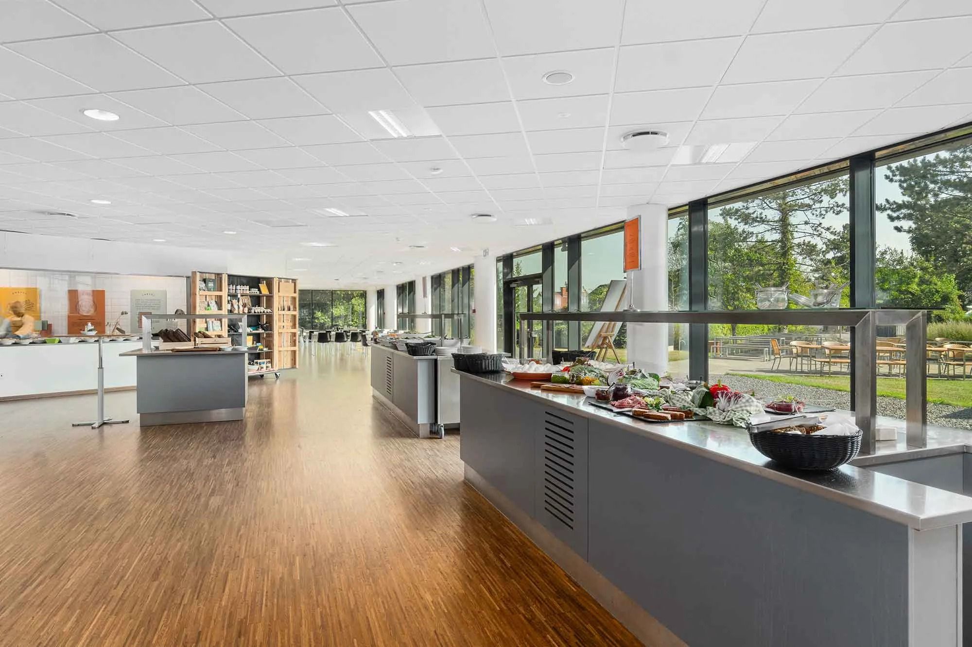 Et moderne kontor med grønne skove udenfor og en stor, glasfyldt væg med udsigt til udendørsborde og stole