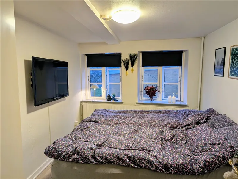 Et soveværelse med dobbeltseng, en hængende tv og vindue med gardiner og en plante i vase på vindueskarmen