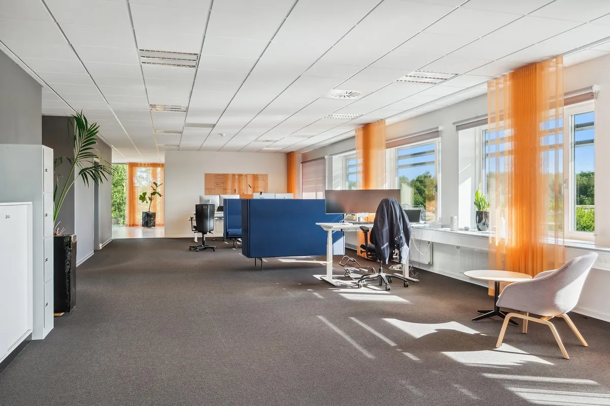 Kontor med lysegult lys og højt loft med hvide loftsplader, sofabord og stole, hvide gardiner og gulv med mønstret tæppe