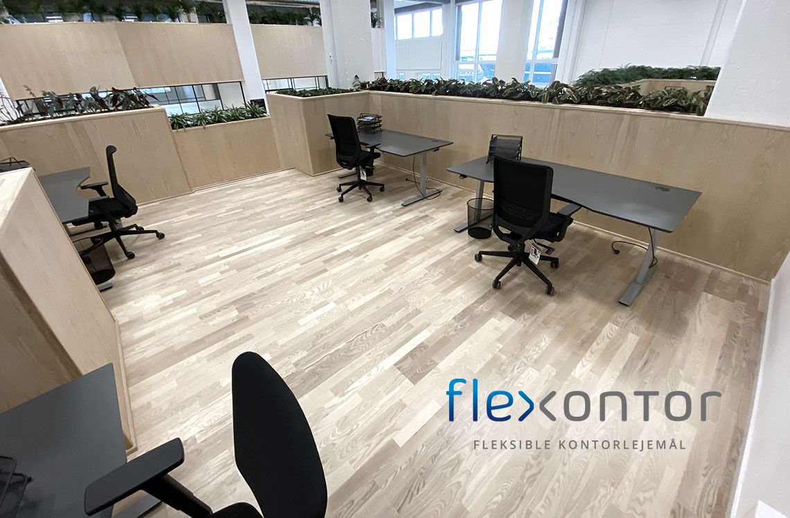 Flexibelt kontor i Kattegat Silo med ergonomiske kontormøbler og moderne design. Gulvtæppe og grønne planter. Møbler