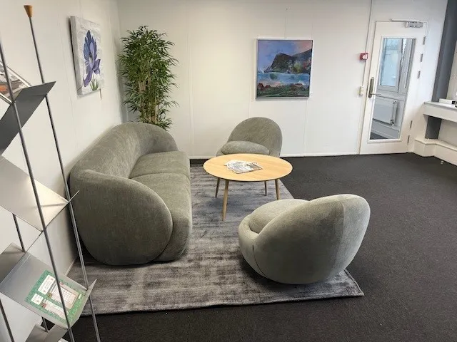 Hyggelig stue med møbler og dekorationer i et kontor med en stor malet plante og to malerier på væggen